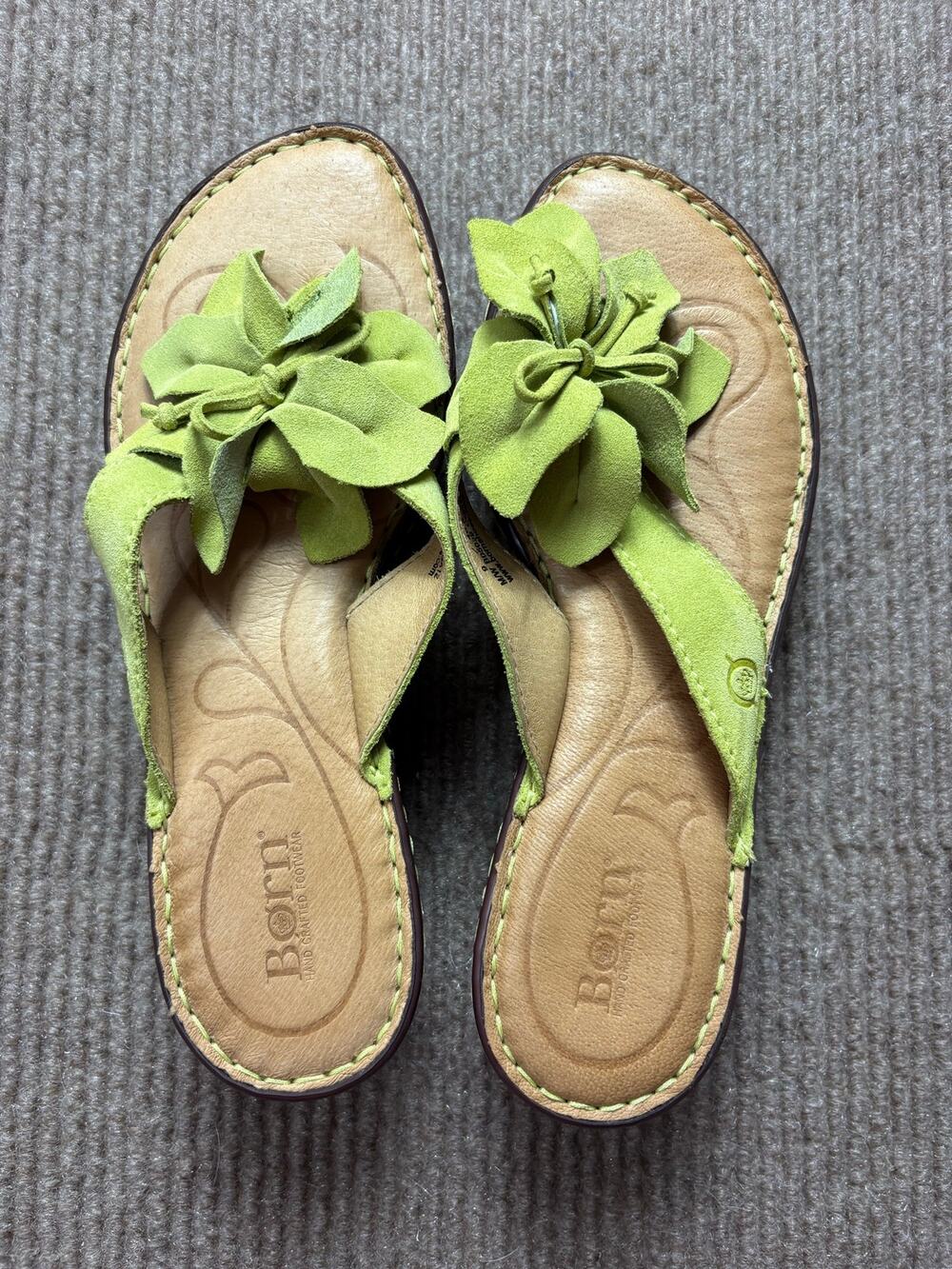 Born Leather Flower Chartreuse Lime Wedge Sandals Size 9